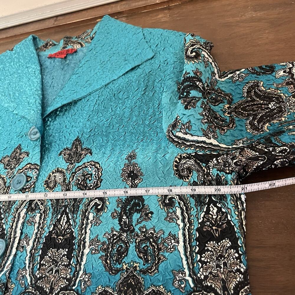 Joni B Turquoise Crinkle Button Down Blouse Dressy Silky Printed Women’s Size L - Picture 7 of 8